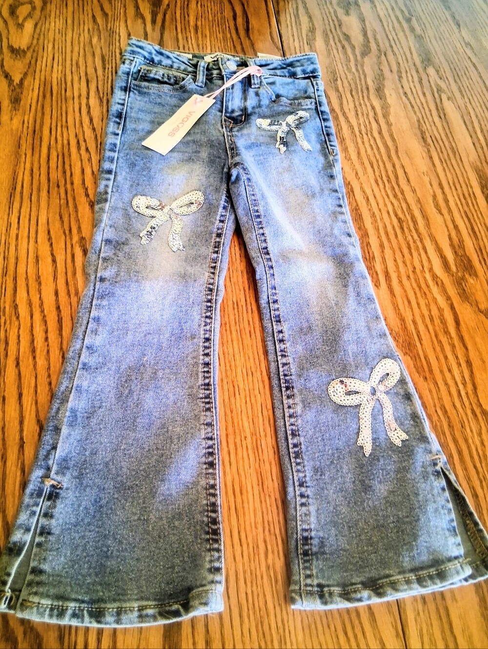 NWT Girls Blue  Flare Jeans Sparkle Bow Design, Sz 4, By Vigoss